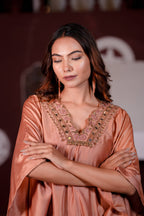 Rose Gold Silk Kaftan with Heavy Handwork Mirror & Thread Embroidery