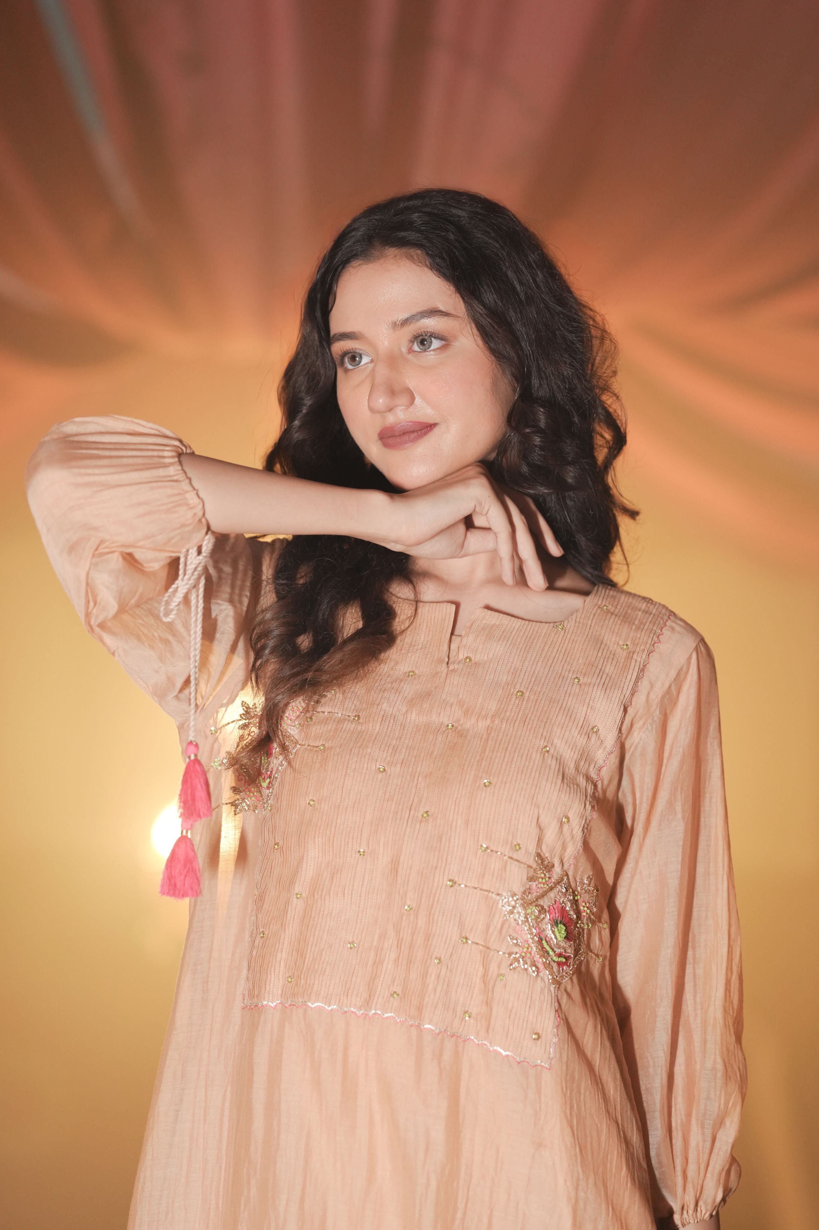 Blush Nude Silk Chanderi Hand-Embroidered Suit Set with Tassel