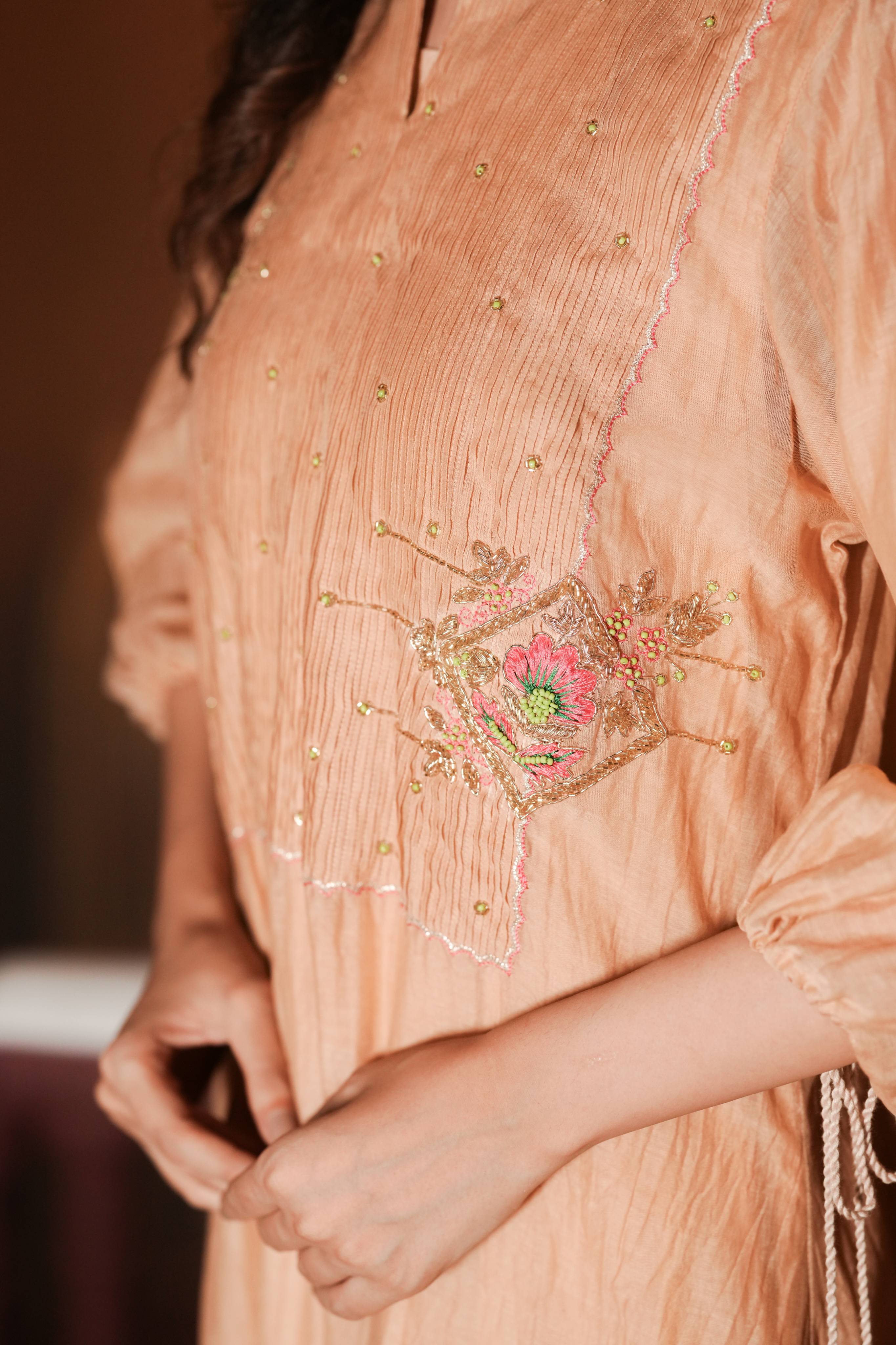 Blush Nude Silk Chanderi Hand-Embroidered Suit Set with Tassel