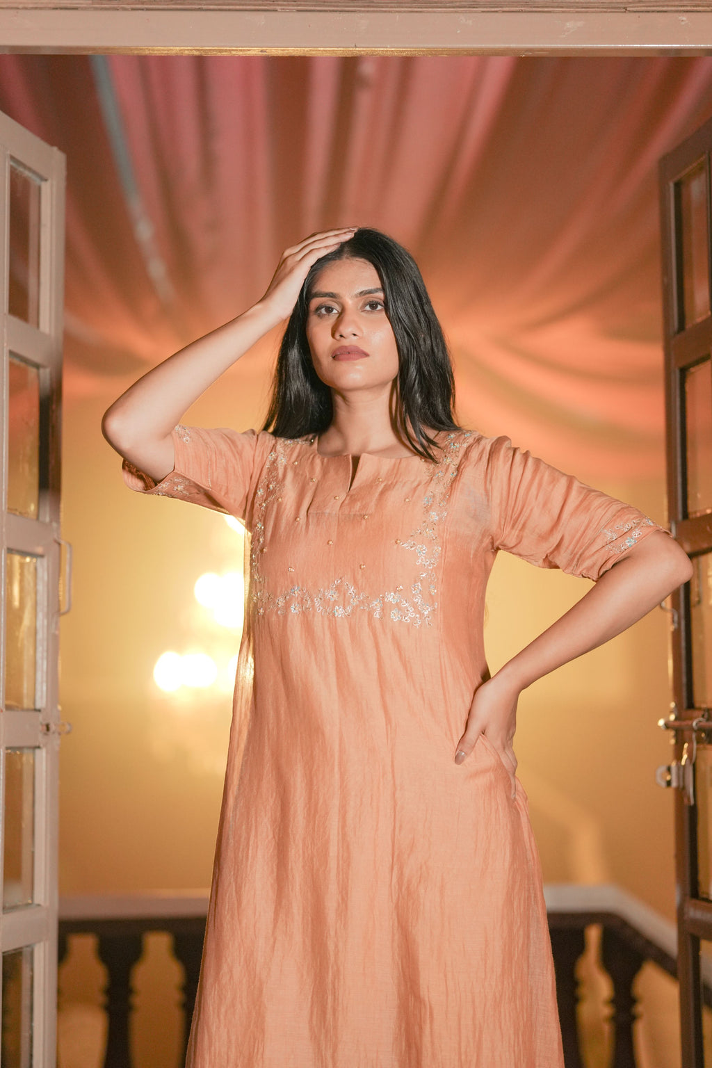 Blush Nude Silk Chanderi Hand-Embroidered Suit Set with Tassel