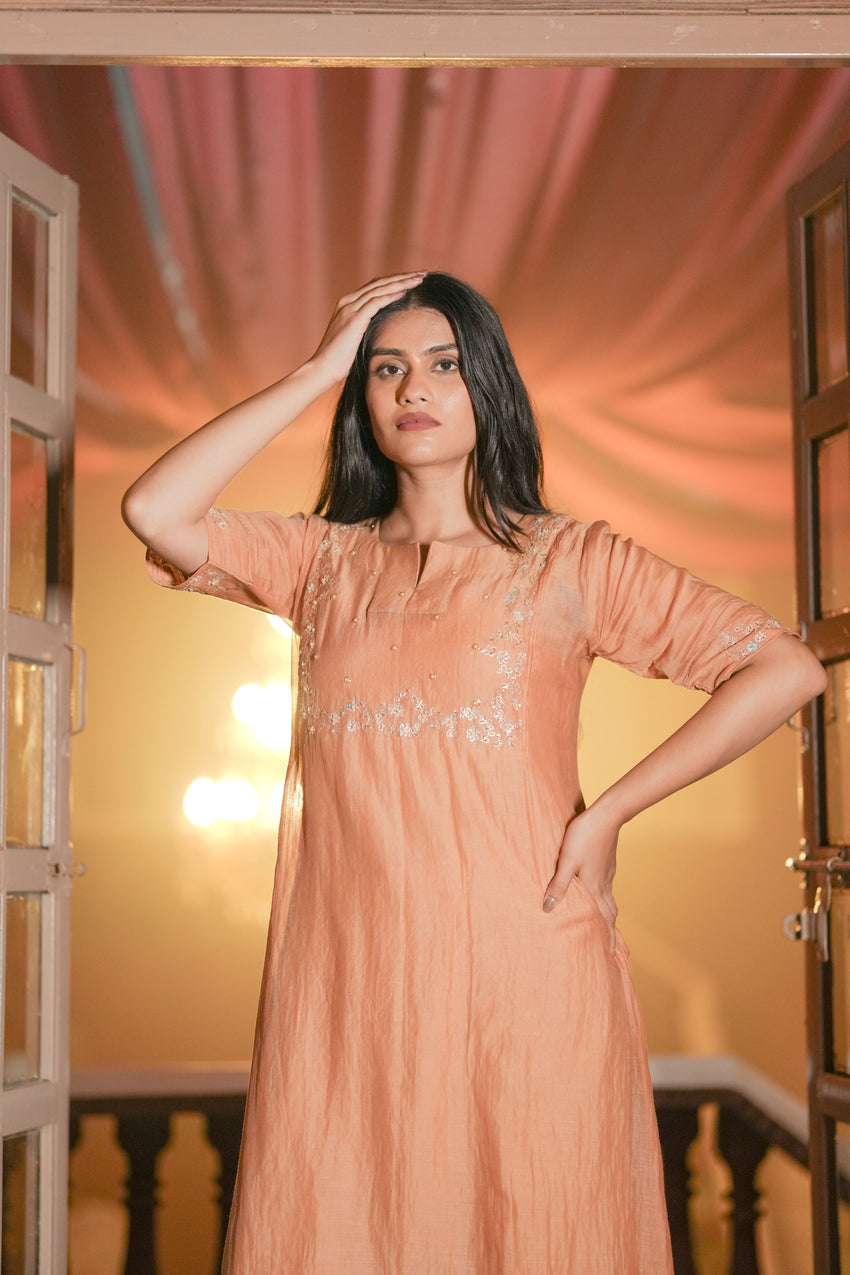 Blush Nude Silk Chanderi Hand-Embroidered Suit Set with Tassel