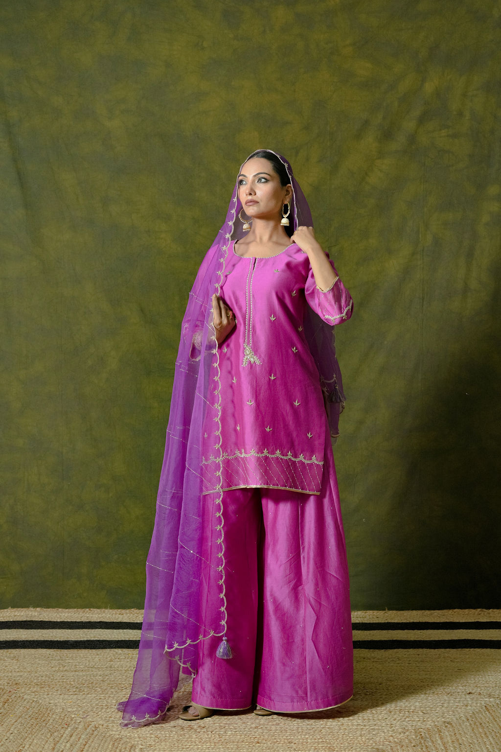 Pure Chanderi Silk Kurti & Sharara with Organza Dupatta