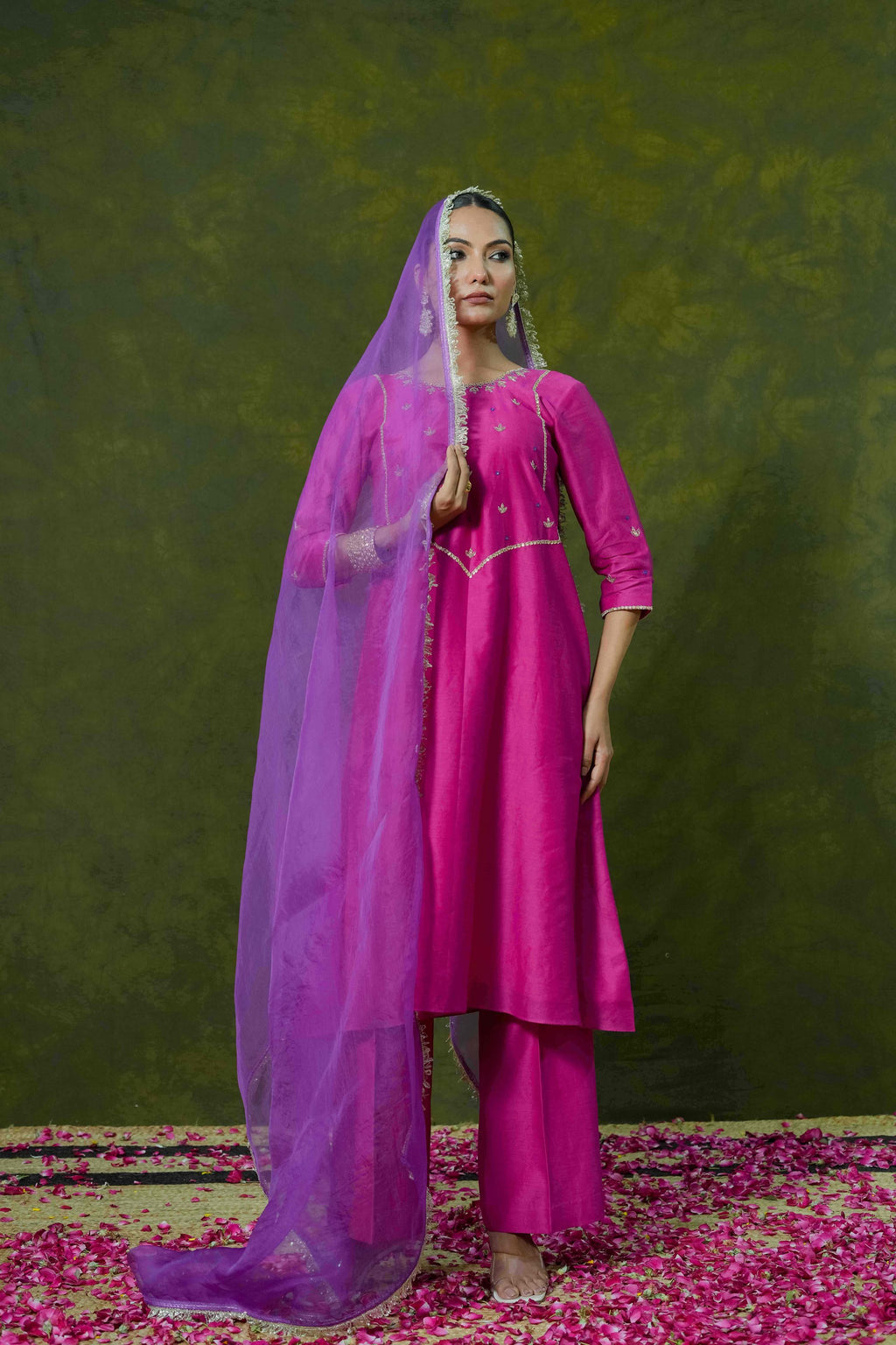 Rani Pink Silk Chanderi Angrakha-Style Suit Set