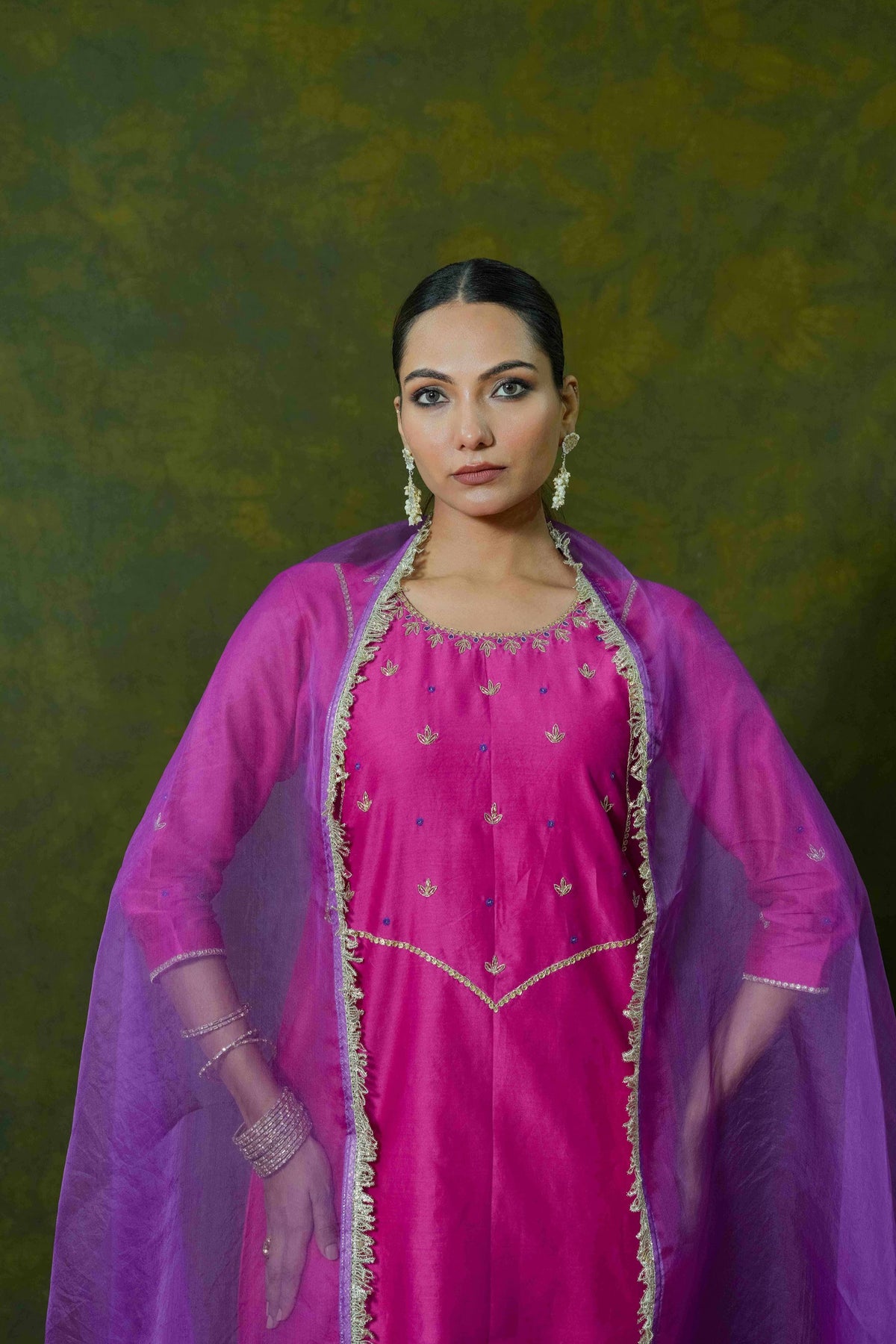 Rani Pink Silk Chanderi Angrakha-Style Suit Set