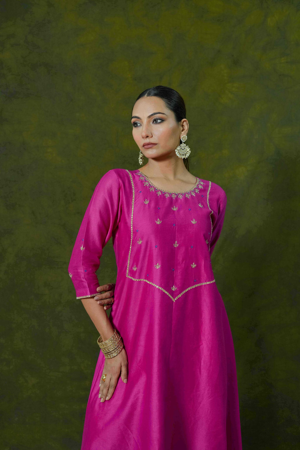 Rani Pink Silk Chanderi Angrakha-Style Suit Set