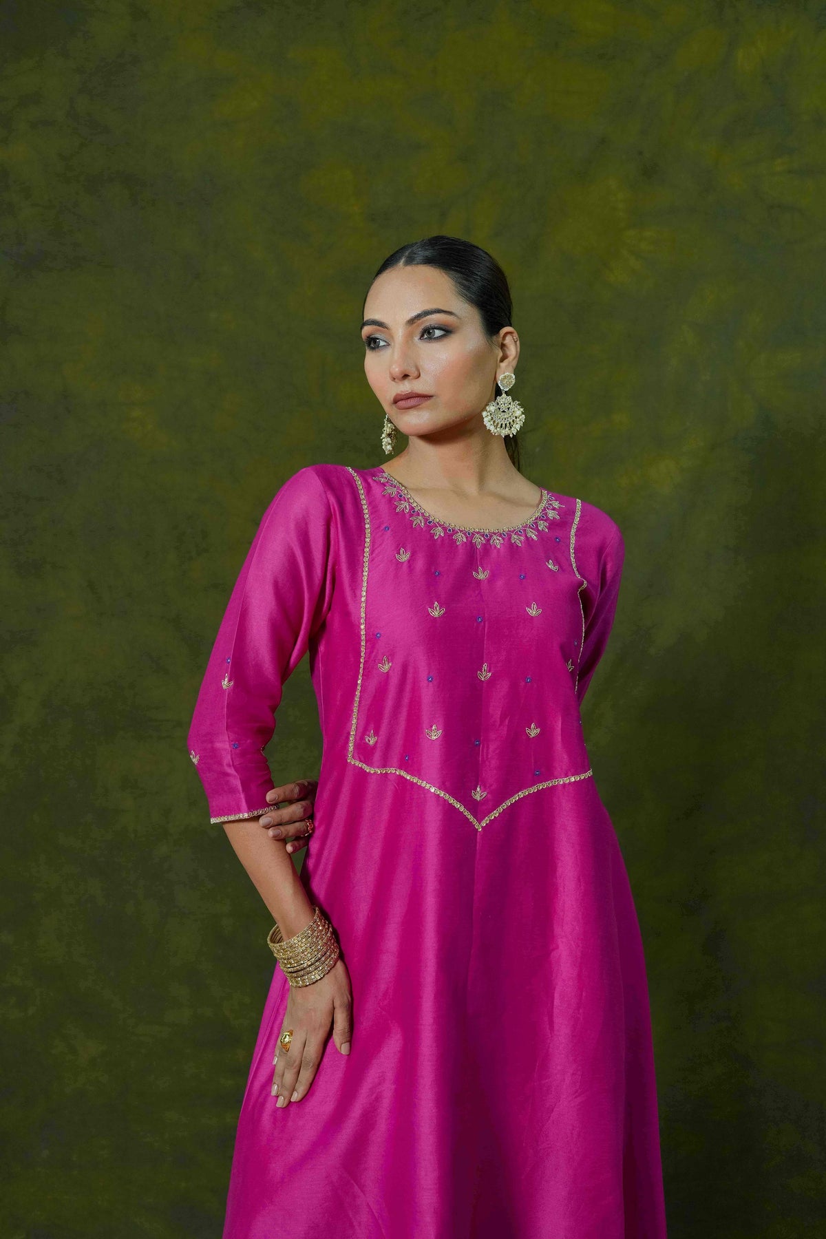 Rani Pink Silk Chanderi Angrakha-Style Suit Set