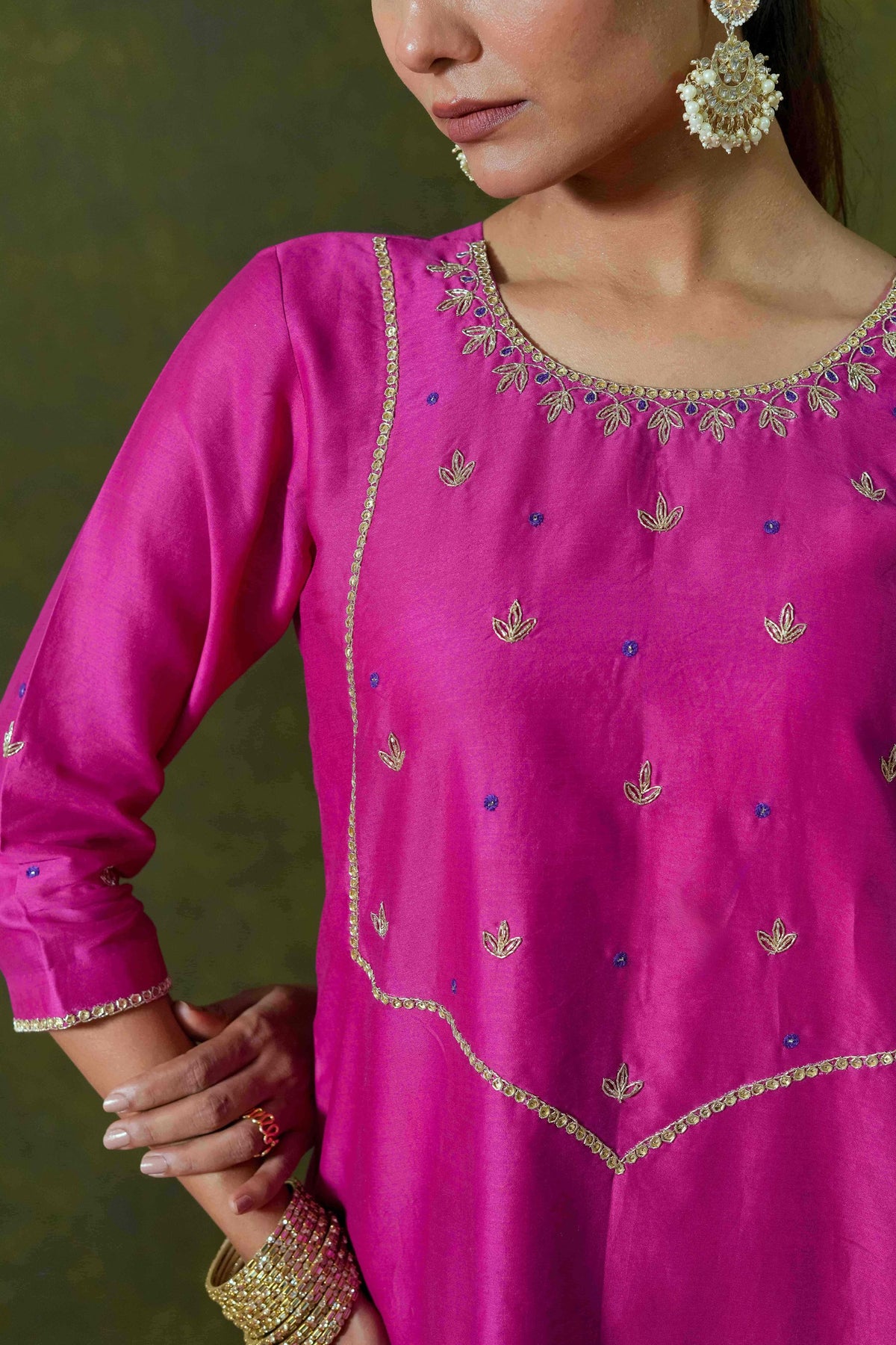 Rani Pink Silk Chanderi Angrakha-Style Suit Set