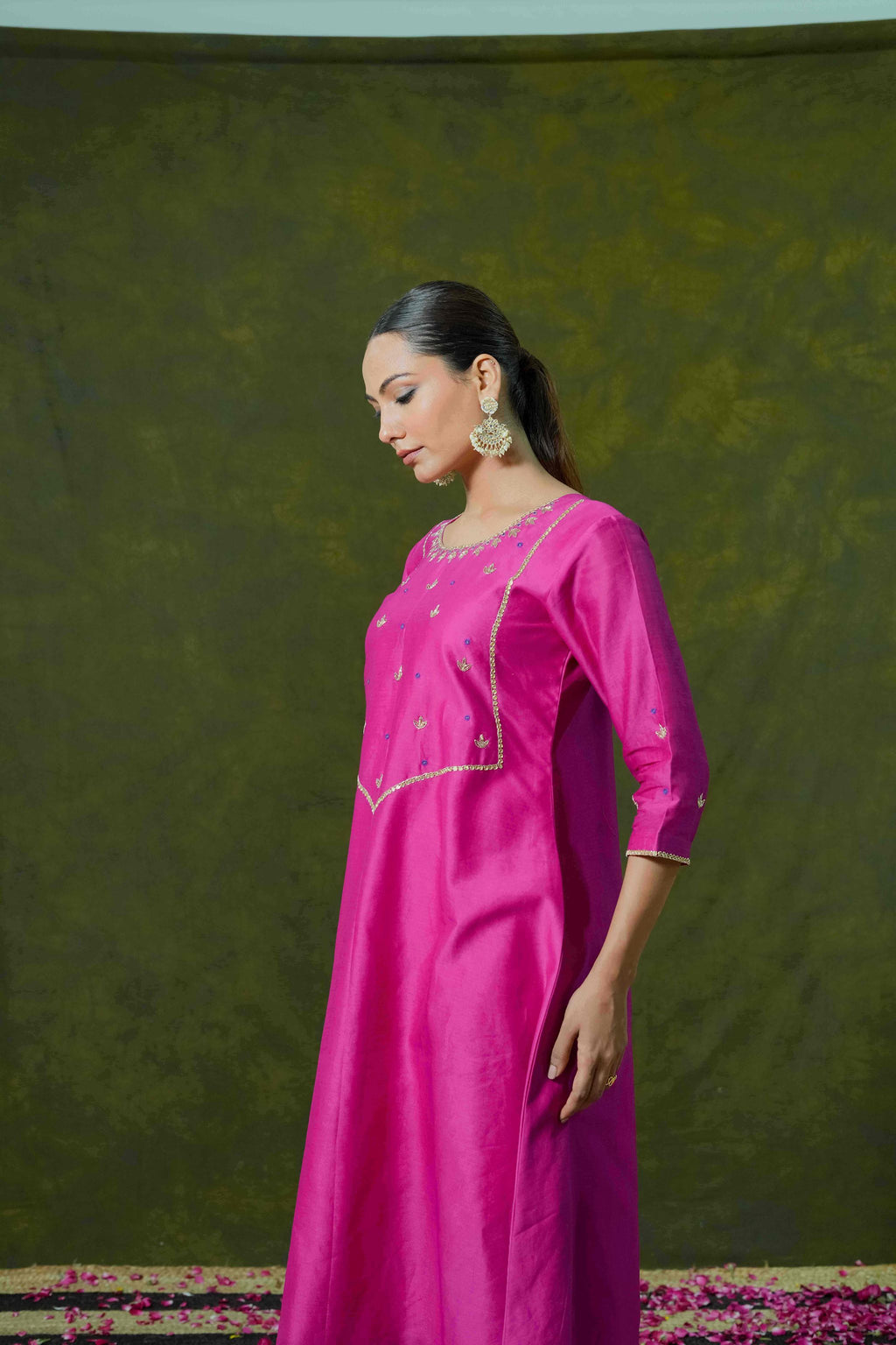 Rani Pink Silk Chanderi Angrakha-Style Suit Set