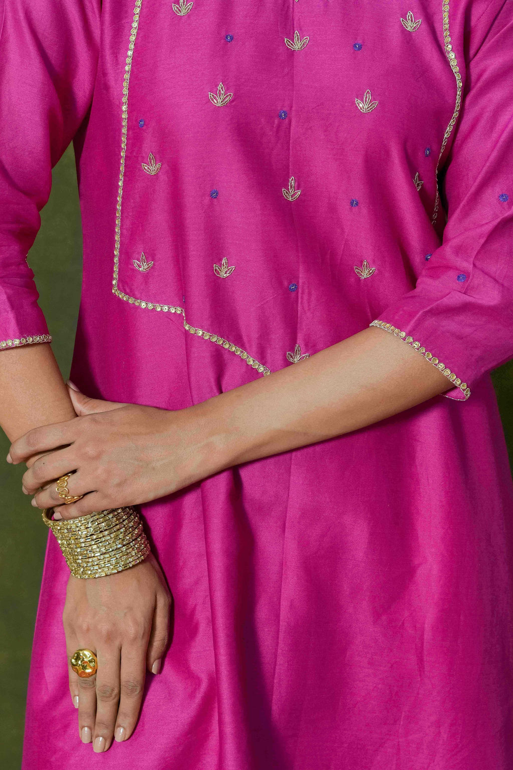 Rani Pink Silk Chanderi Angrakha-Style Suit Set