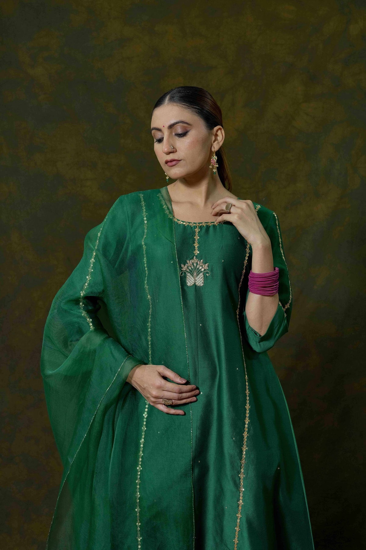Pure Chanderi Silk Kurti & Pant with Organza Dupatta