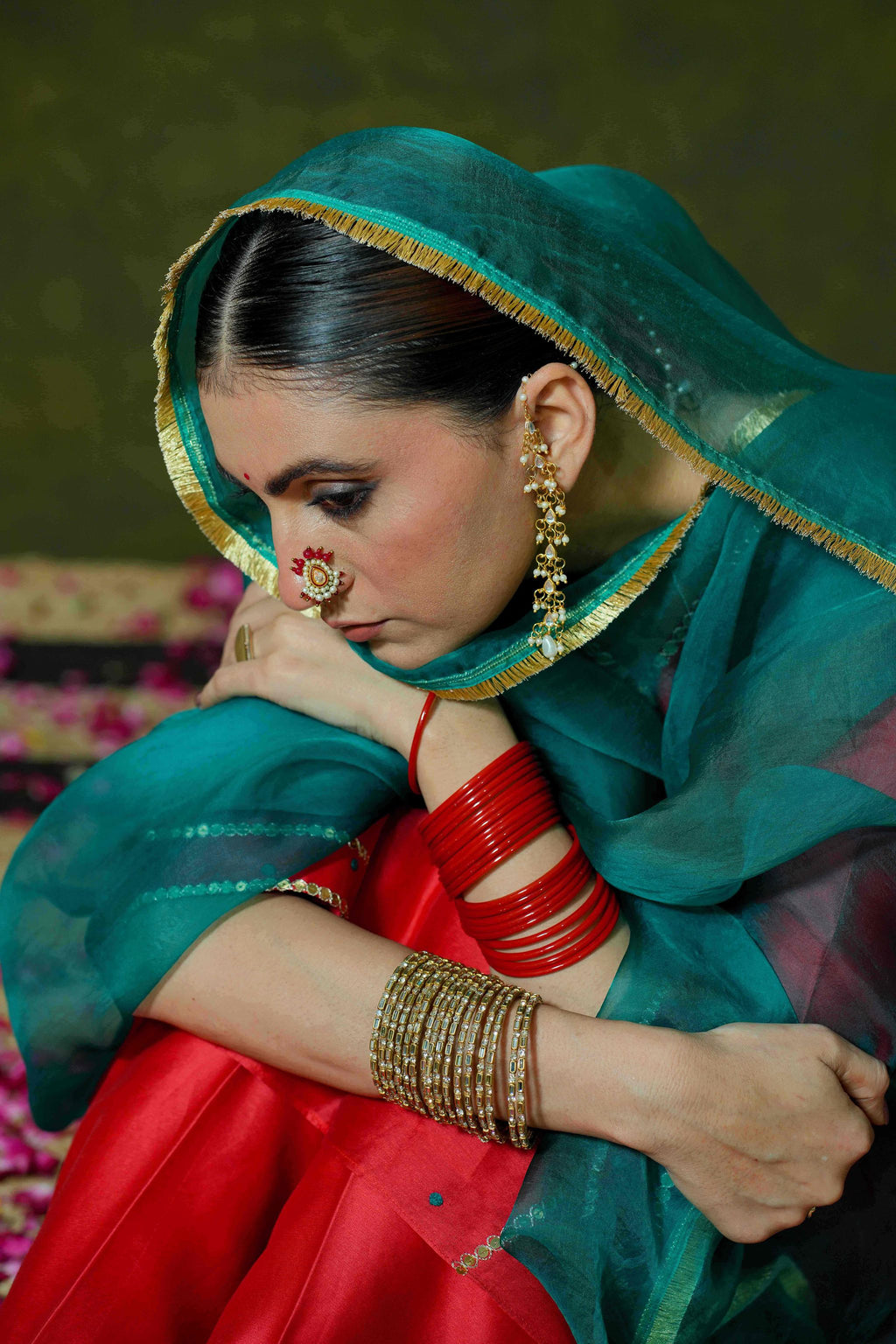 Red Silk Chanderi Suit with Bottle Green Organza Dupatta