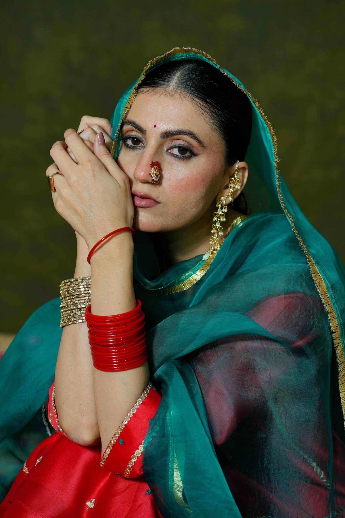 Red Silk Chanderi Suit with Bottle Green Organza Dupatta