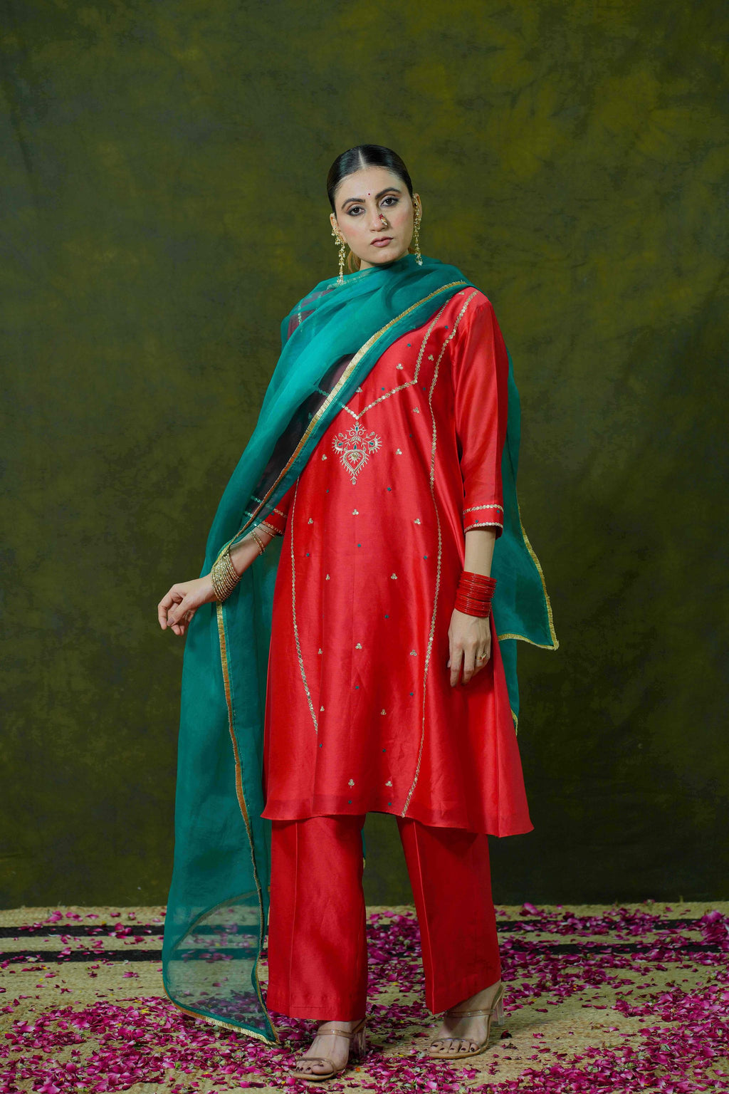 Red Silk Chanderi Suit with Bottle Green Organza Dupatta