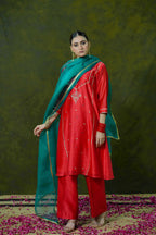 Red Silk Chanderi Suit with Bottle Green Organza Dupatta