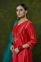 Red Silk Chanderi Suit with Bottle Green Organza Dupatta