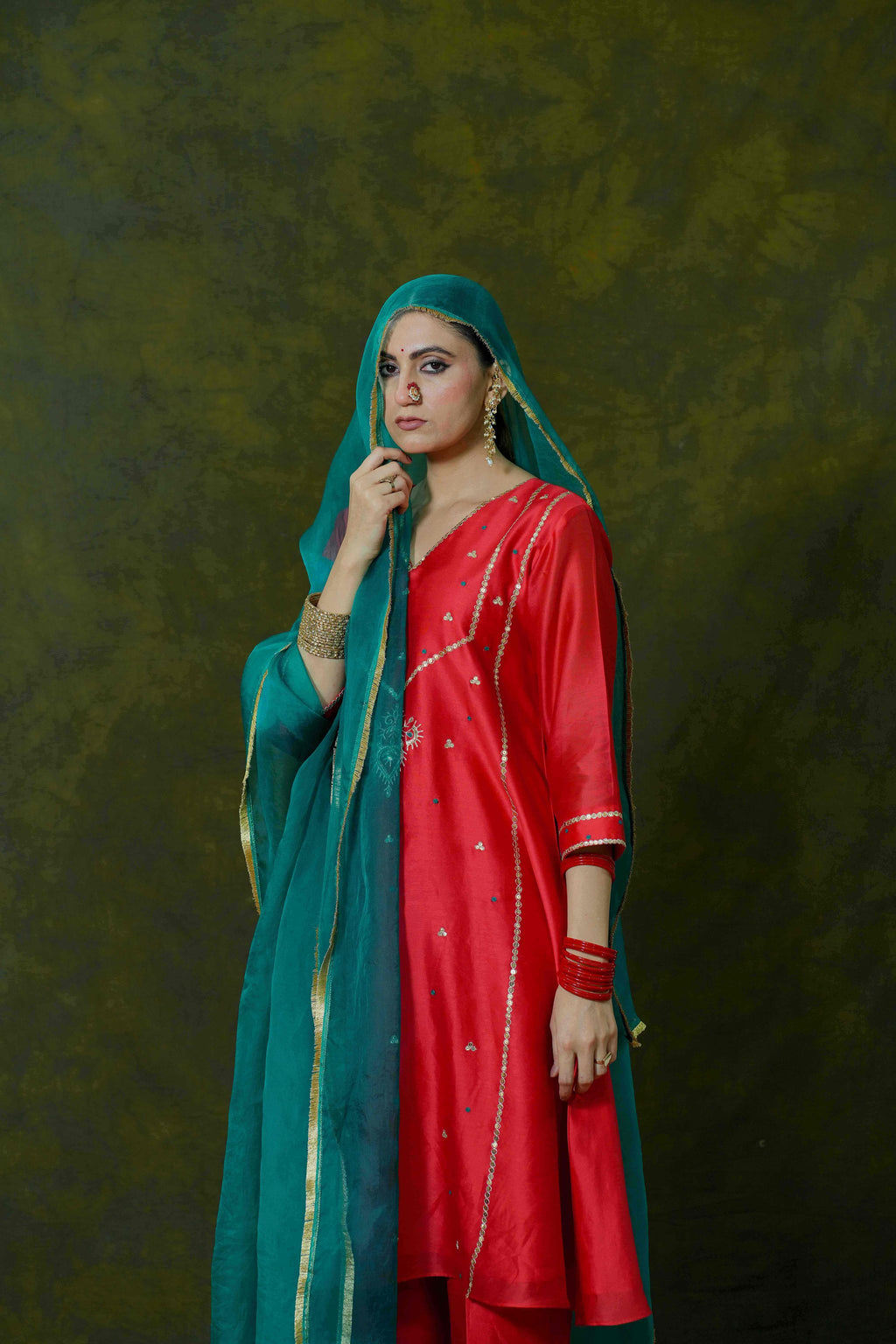 Red Silk Chanderi Suit with Bottle Green Organza Dupatta