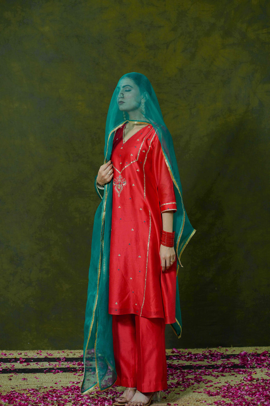 Red Silk Chanderi Suit with Bottle Green Organza Dupatta