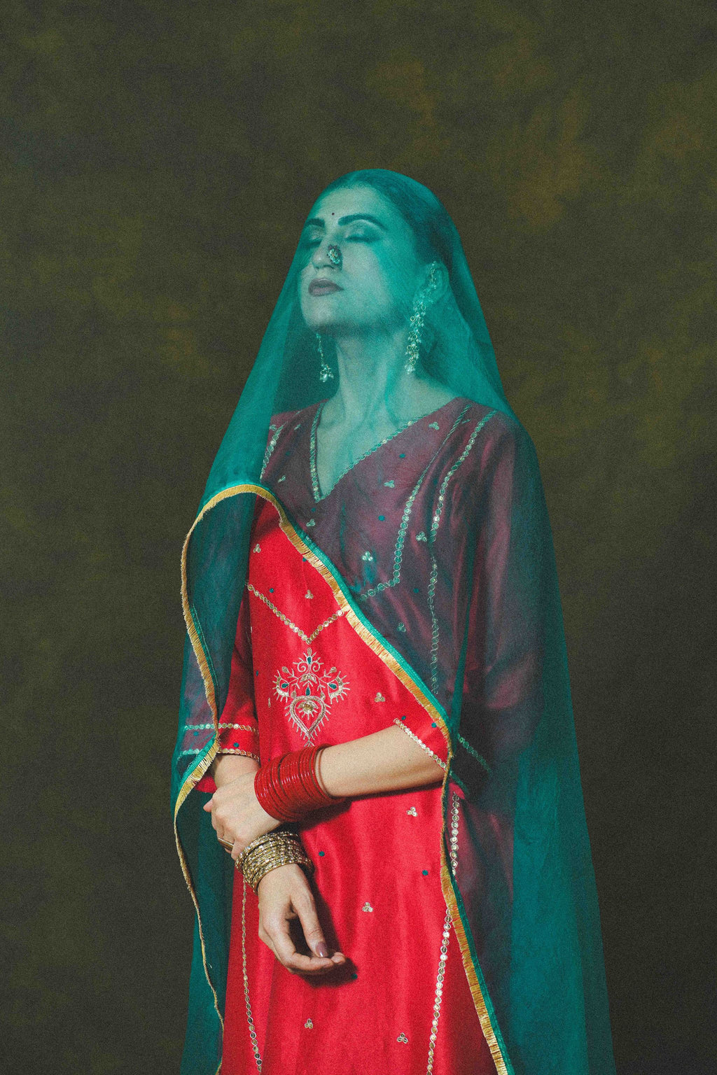 Red Silk Chanderi Suit with Bottle Green Organza Dupatta