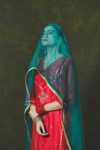 Red Silk Chanderi Suit with Bottle Green Organza Dupatta