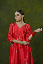Red Silk Chanderi Suit with Bottle Green Organza Dupatta