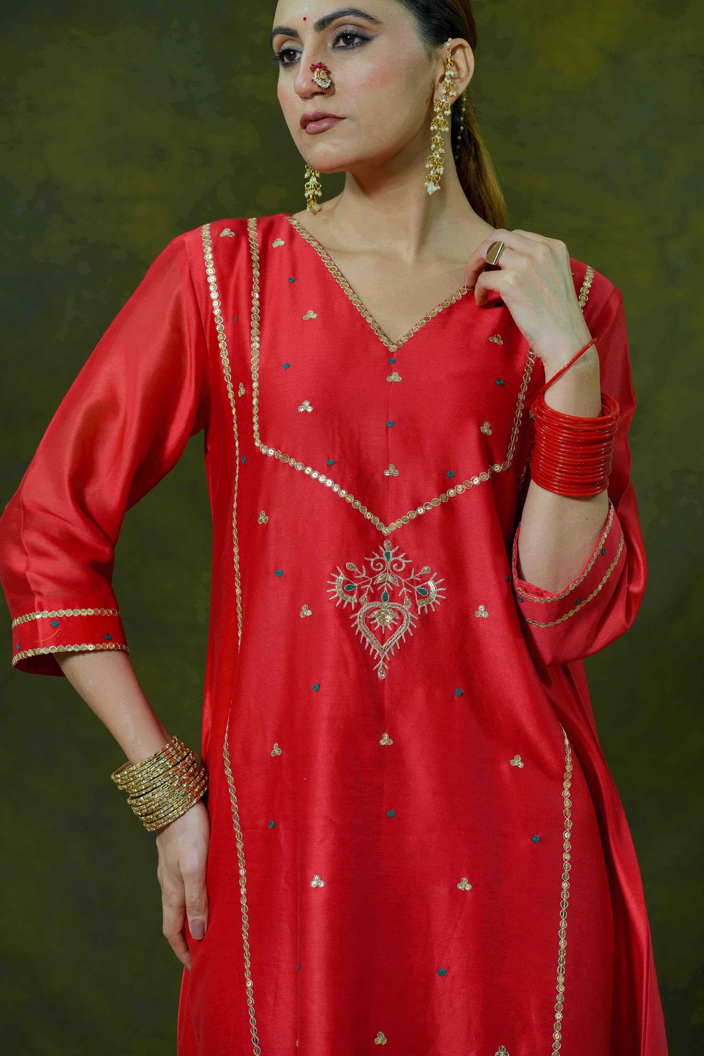 Red Silk Chanderi Suit with Bottle Green Organza Dupatta
