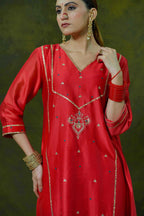 Red Silk Chanderi Suit with Bottle Green Organza Dupatta