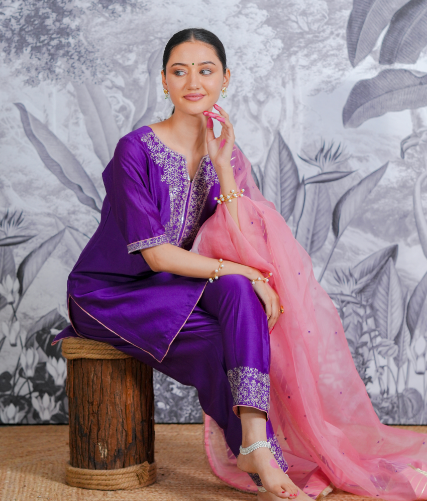 Silk Chanderi Suit with Pithon Hand Embrodiray Orgnza Dupta