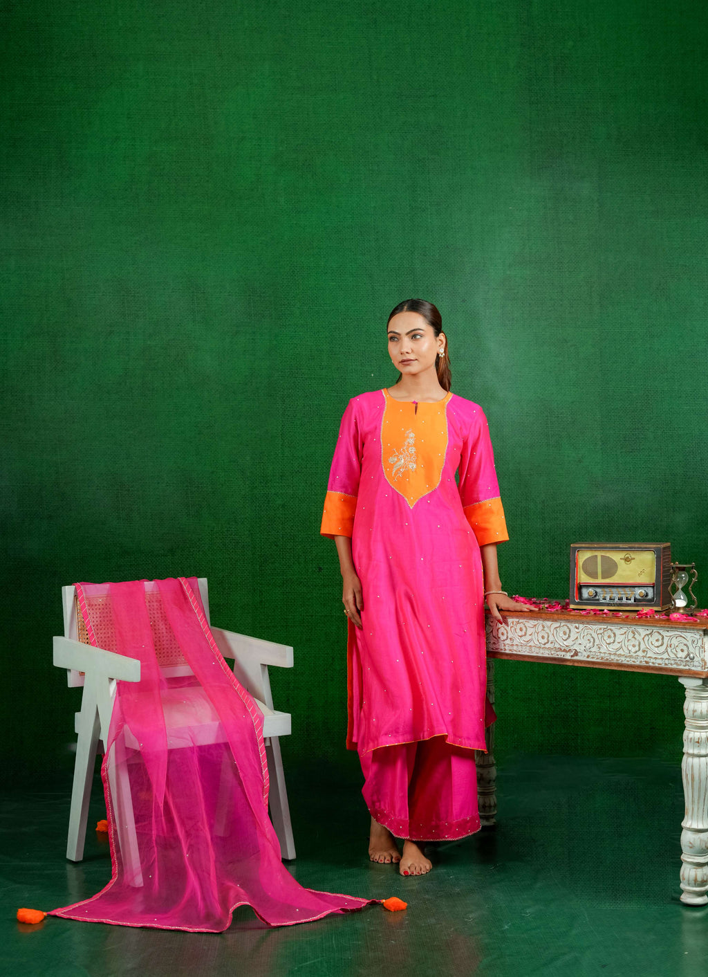 Silk Chanderi Suit with Orgnza Dupta Dabka Hand Embrodiray