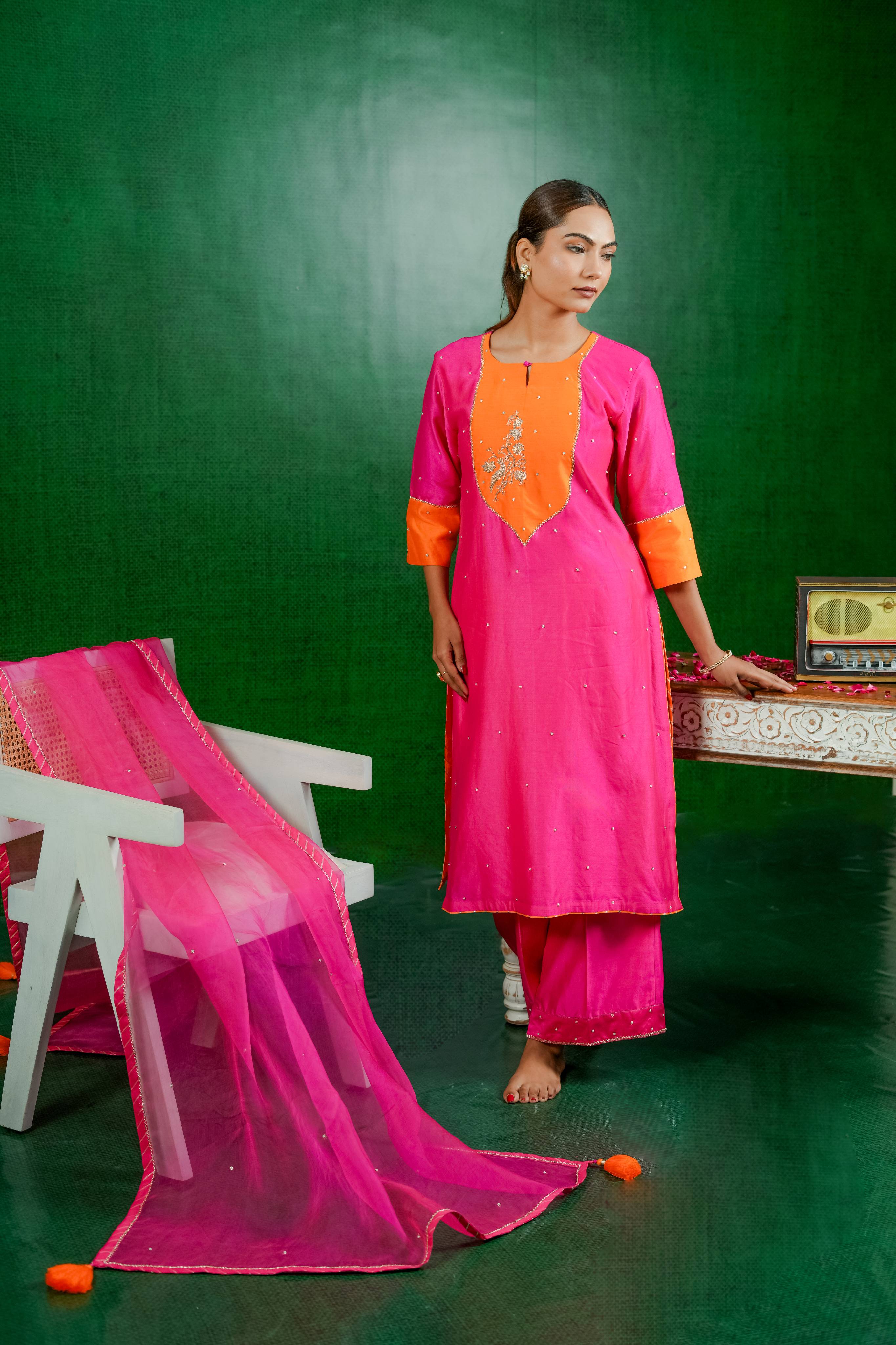 Silk Chanderi Suit with Orgnza Dupta Dabka Hand Embrodiray
