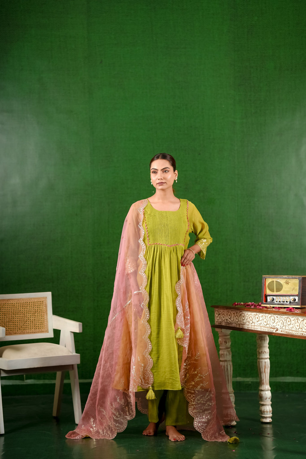 Mul Chanderi Suit with Orgnza Duptta Detail with Printest 