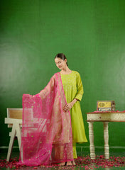 Silk Chanderi suit Orgnza Duptta with Hand Embrodiray