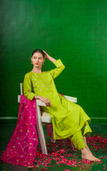 Silk Chanderi suit Orgnza Duptta with Hand Embrodiray