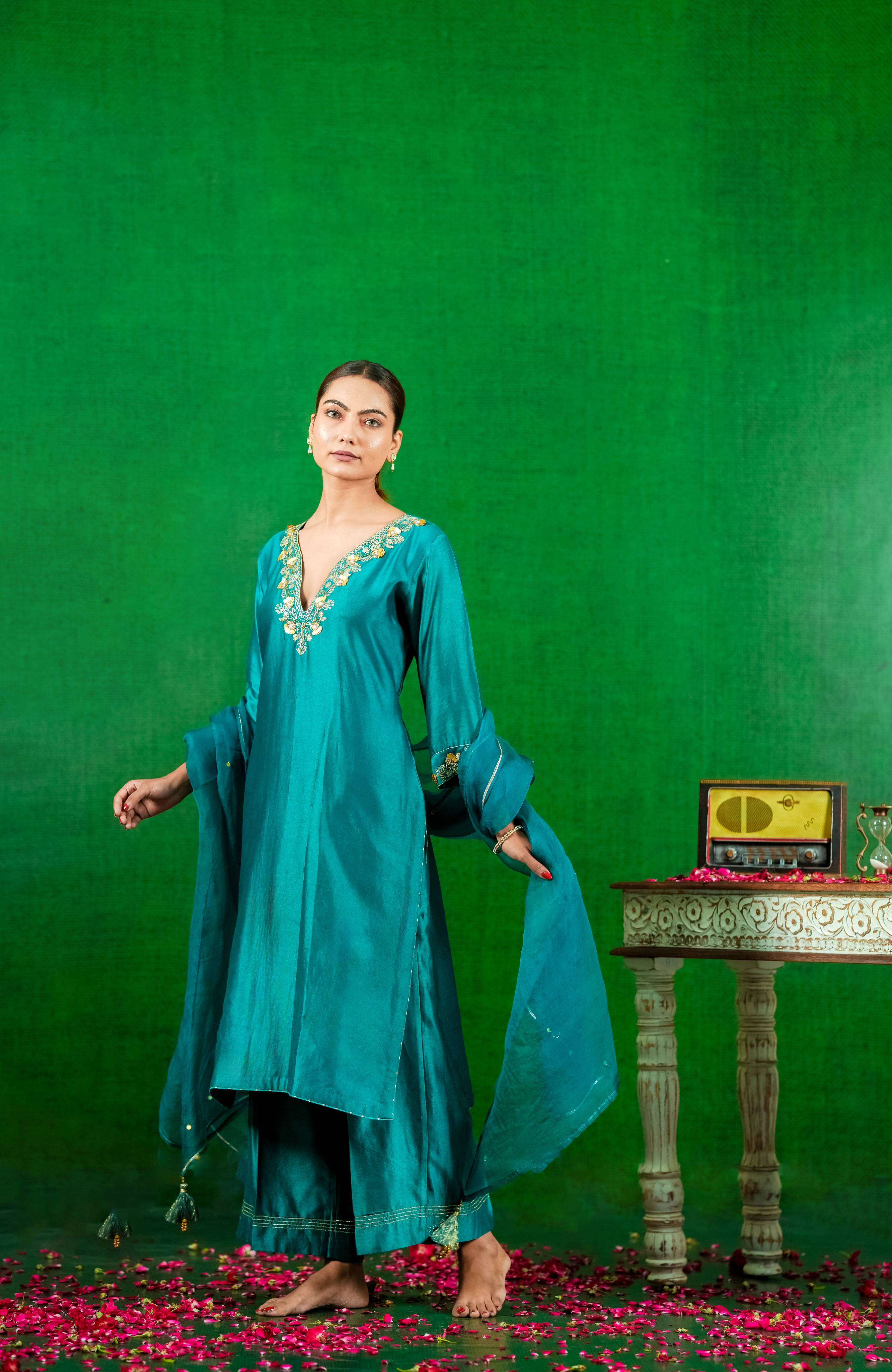 Silk Chanderi Suit with Orgnza Dupta Hand Embrodiray