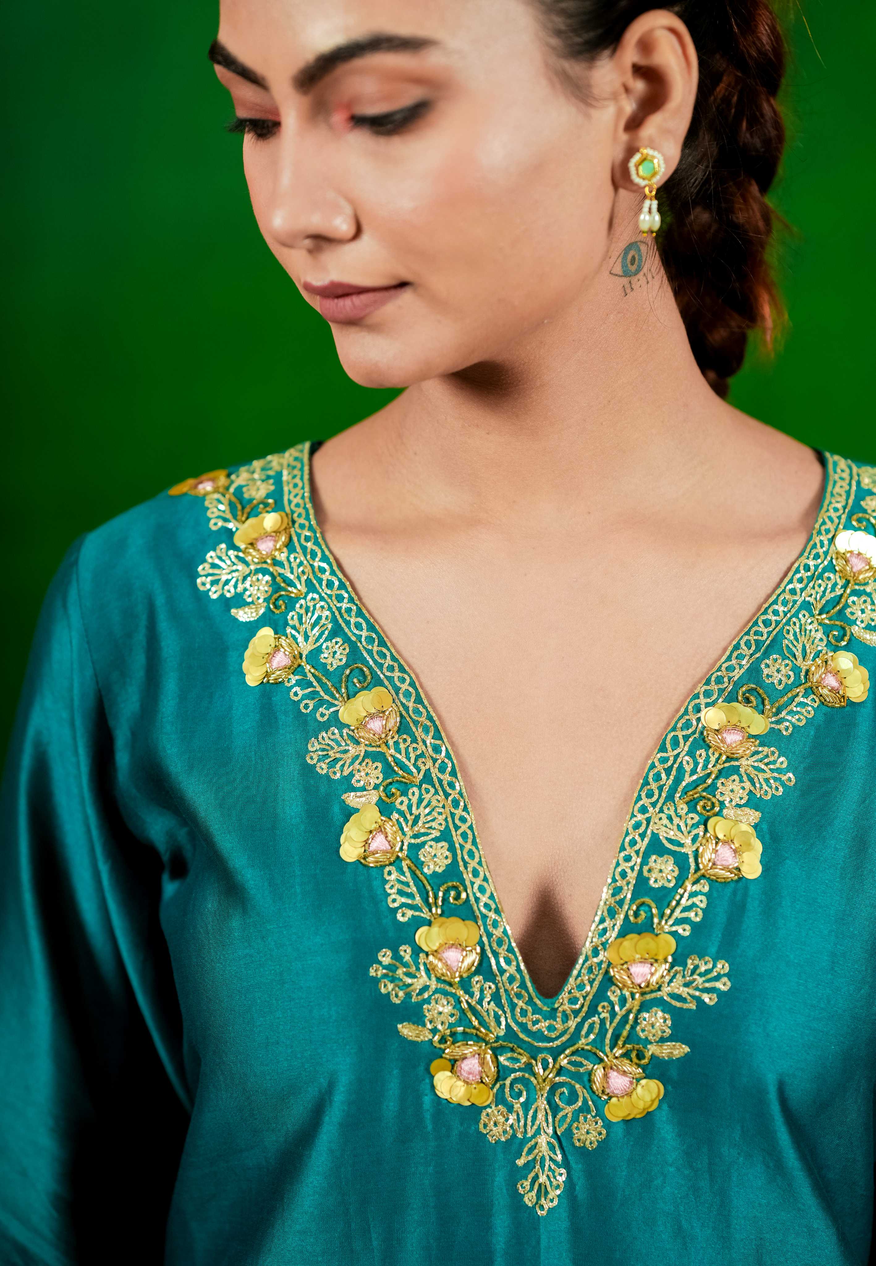 Silk Chanderi Suit with Orgnza Dupta Hand Embrodiray