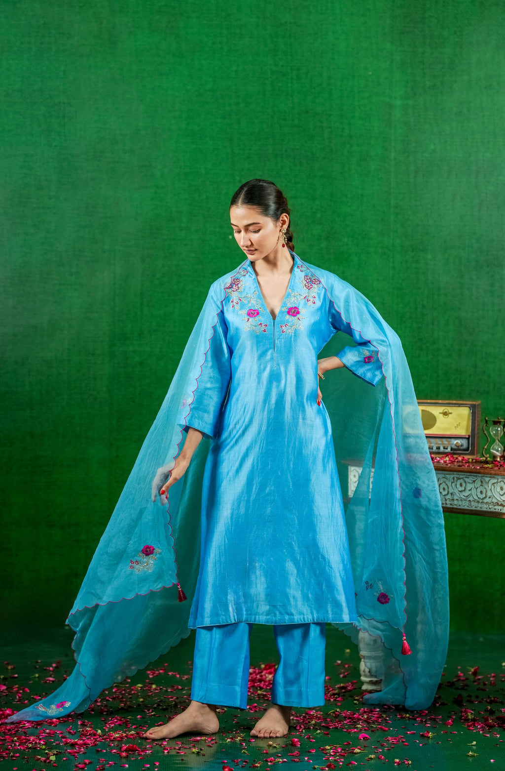 Silk  Chanderi Suit with Orgnza Dupta Hand Embrodiray