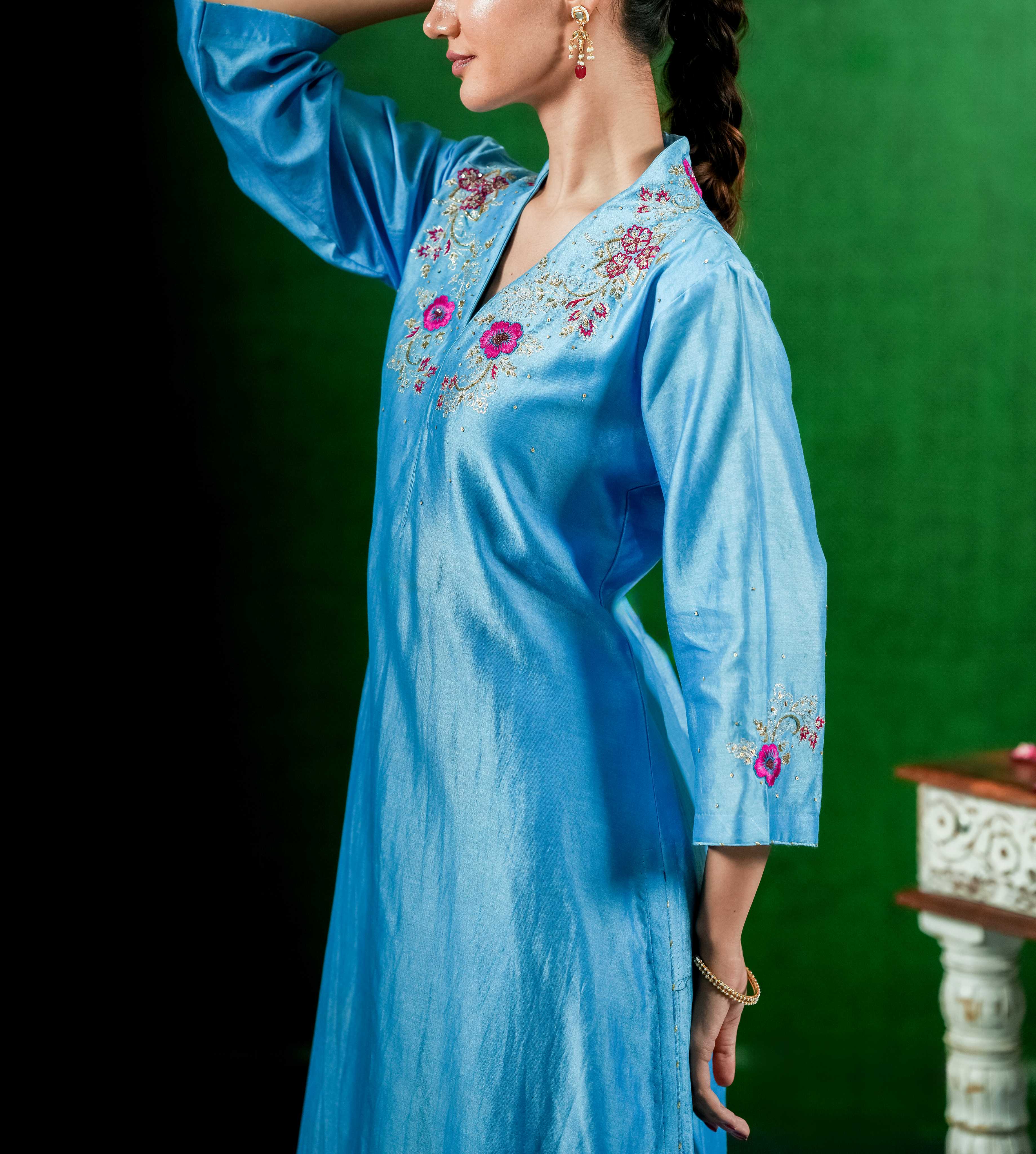 Silk  Chanderi Suit with Orgnza Dupta Hand Embrodiray