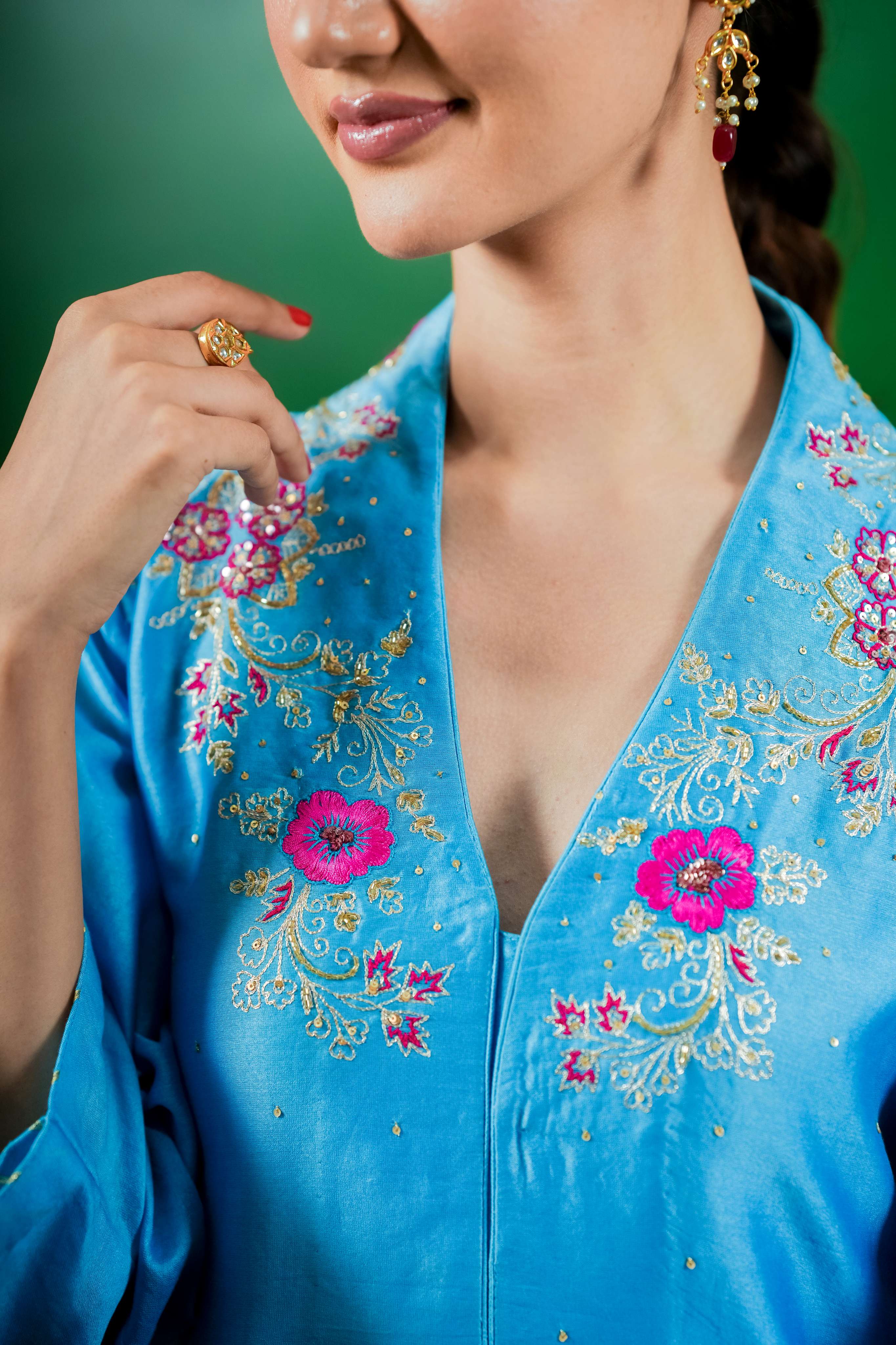Silk  Chanderi Suit with Orgnza Dupta Hand Embrodiray