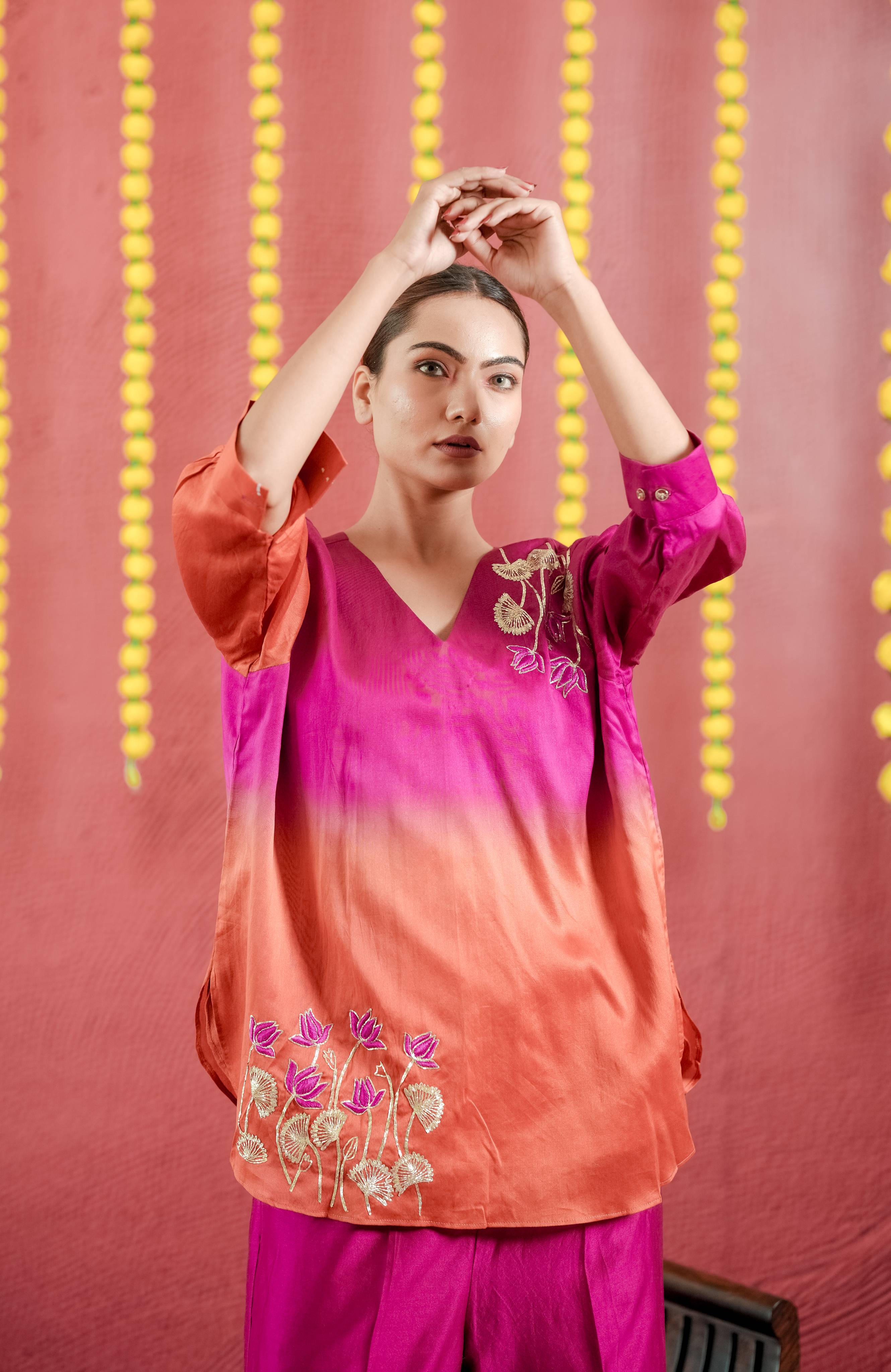 Pure silk chanderi double shade cord set with resam & Dabka handwork 