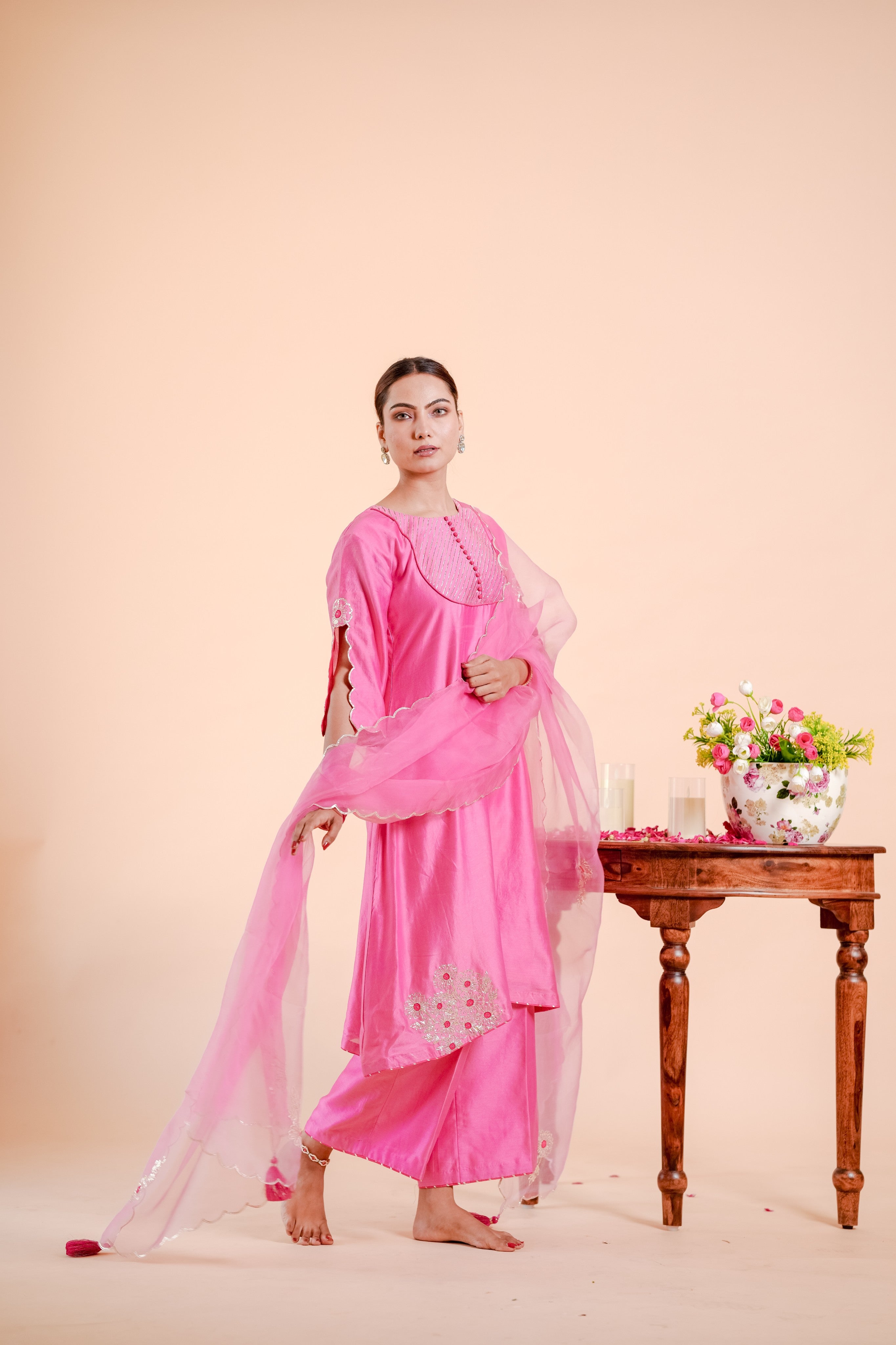 Silk Chanderi suit orgnza dupta patch work with Dabka hand Embrodiray