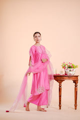 Silk Chanderi suit orgnza dupta patch work with Dabka hand Embrodiray