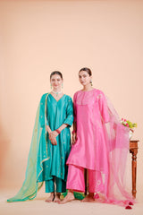 Silk Chanderi Suit Suot Pure Orgnza Aline Suit Pure Hand Work Dupta Detail With Kiran