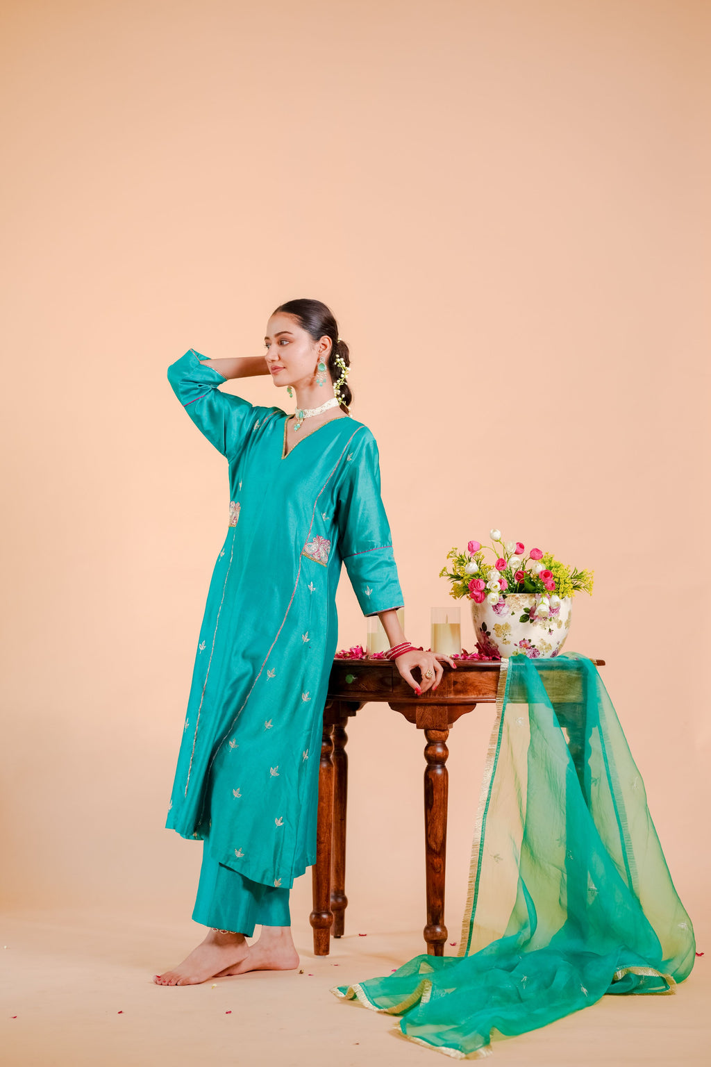 Silk Chanderi Suit Suot Pure Orgnza Aline Suit Pure Hand Work Dupta Detail With Kiran