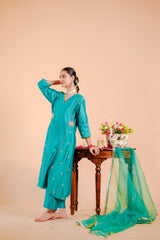 Silk Chanderi Suit Suot Pure Orgnza Aline Suit Pure Hand Work Dupta Detail With Kiran