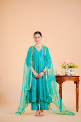 Silk Chanderi Suit Suot Pure Orgnza Aline Suit Pure Hand Work Dupta Detail With Kiran