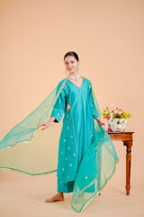 Silk Chanderi Suit Suot Pure Orgnza Aline Suit Pure Hand Work Dupta Detail With Kiran