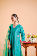 Silk Chanderi Suit Suot Pure Orgnza Aline Suit Pure Hand Work Dupta Detail With Kiran