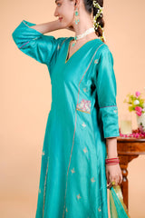 Silk Chanderi Suit Suot Pure Orgnza Aline Suit Pure Hand Work Dupta Detail With Kiran