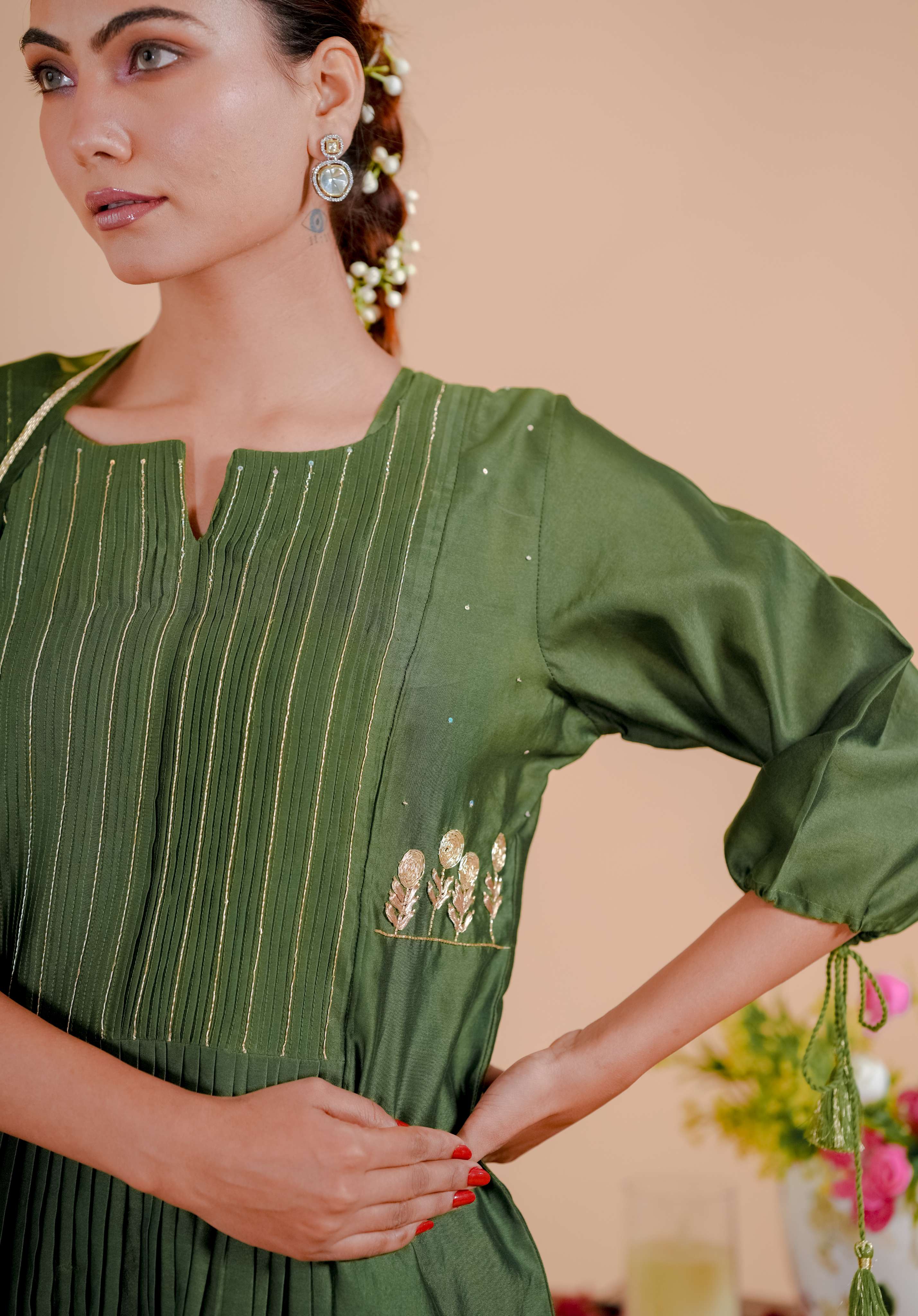 Silk Chanderi Suit Orgnza Duptta Dabka Work Printext Neck Line