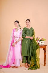 Silk Chanderi Suit Orgnza Duptta Dabka Work Printext Neck Line