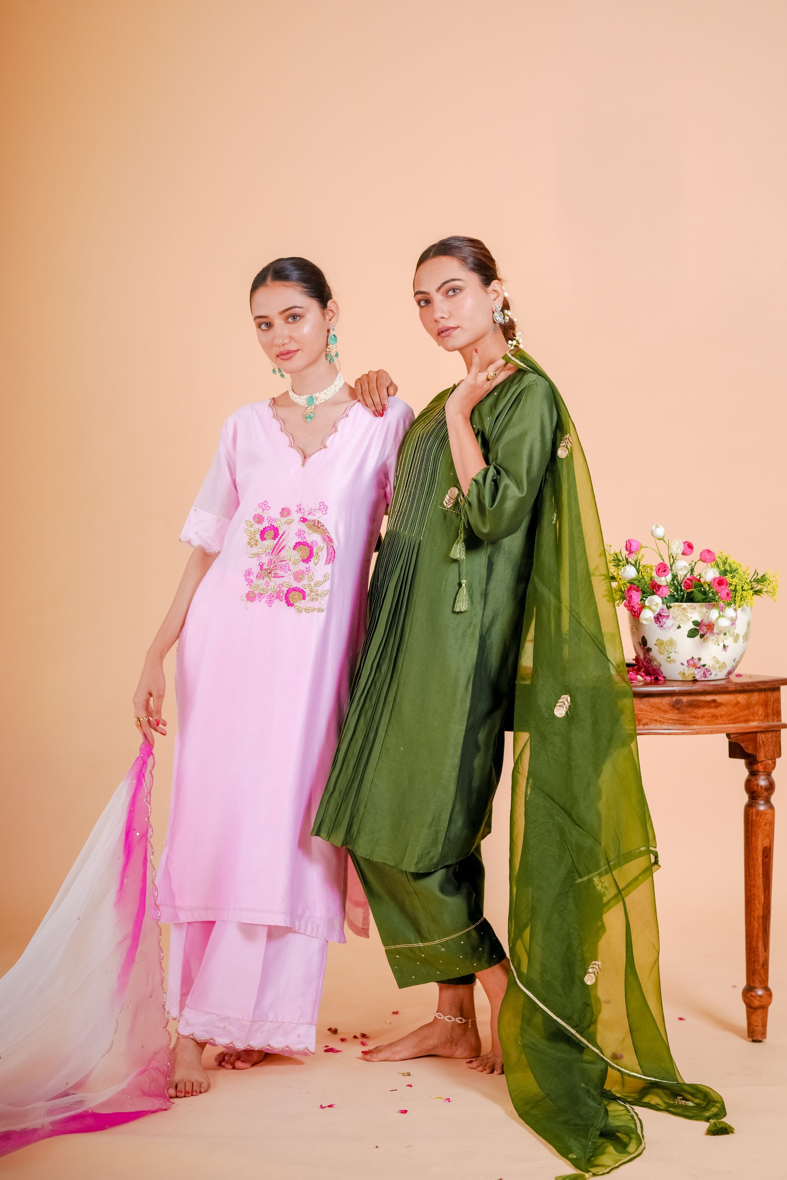Silk chanderi suit double shade orgnza duptta hand Embrodiray